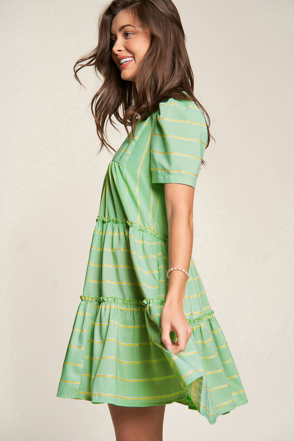 Green Stripe V Neck Short Sleeve Frilled Detail A-line Dress Dresses JT's Designer Fashion