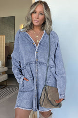 Beau Blue Mineral Wash Long Sleeve Button Up Raw Hem Pocketed Denim Dress Mini Dresses JT's Designer Fashion