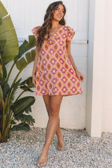 Orange Geometric Floral V Neck Buttoned Ruffled Sleeve Mini Dress Mini Dresses JT's Designer Fashion