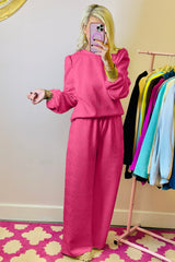 Rose Red Textured Puff Sleeve Top and Pants Set Pant Sets JT's Designer Fashion