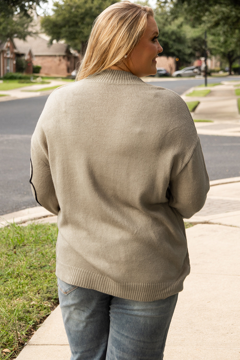 Dark Khaki Plus Size Big Flower Pattern High Neck Drop Shoulder Sweater Plus Size Sweaters & Cardigans JT's Designer Fashion