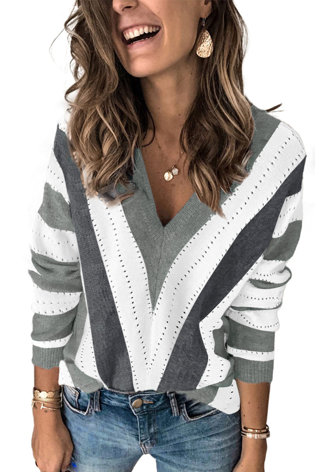 Gray Striped Colorblock V Neck Knitted Sweater Sweaters & Cardigans JT's Designer Fashion