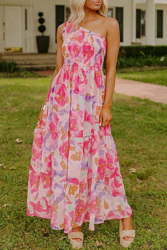 Pink Abstract Floral Print Shirred One Shoulder Maxi Dress Pink 100%Polyester Floral Dresses JT's Designer Fashion