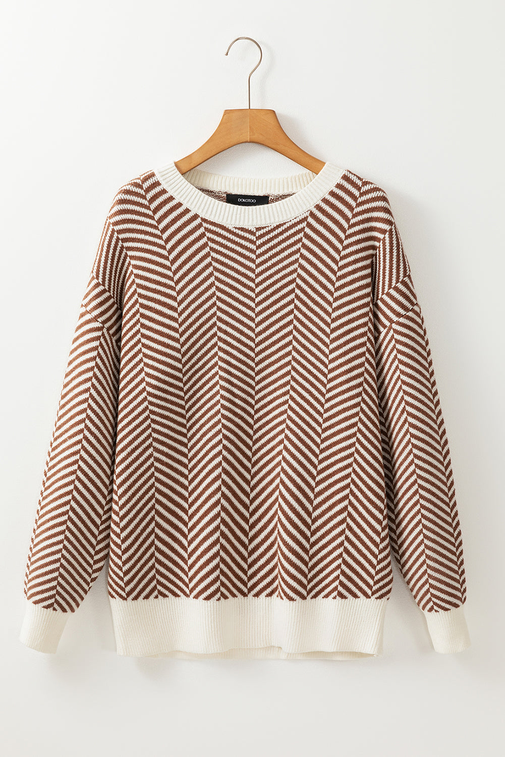 Coffee Contrast Edge Crew Neck Drop Shoulder Sweater Sweaters JT's Designer Fashion