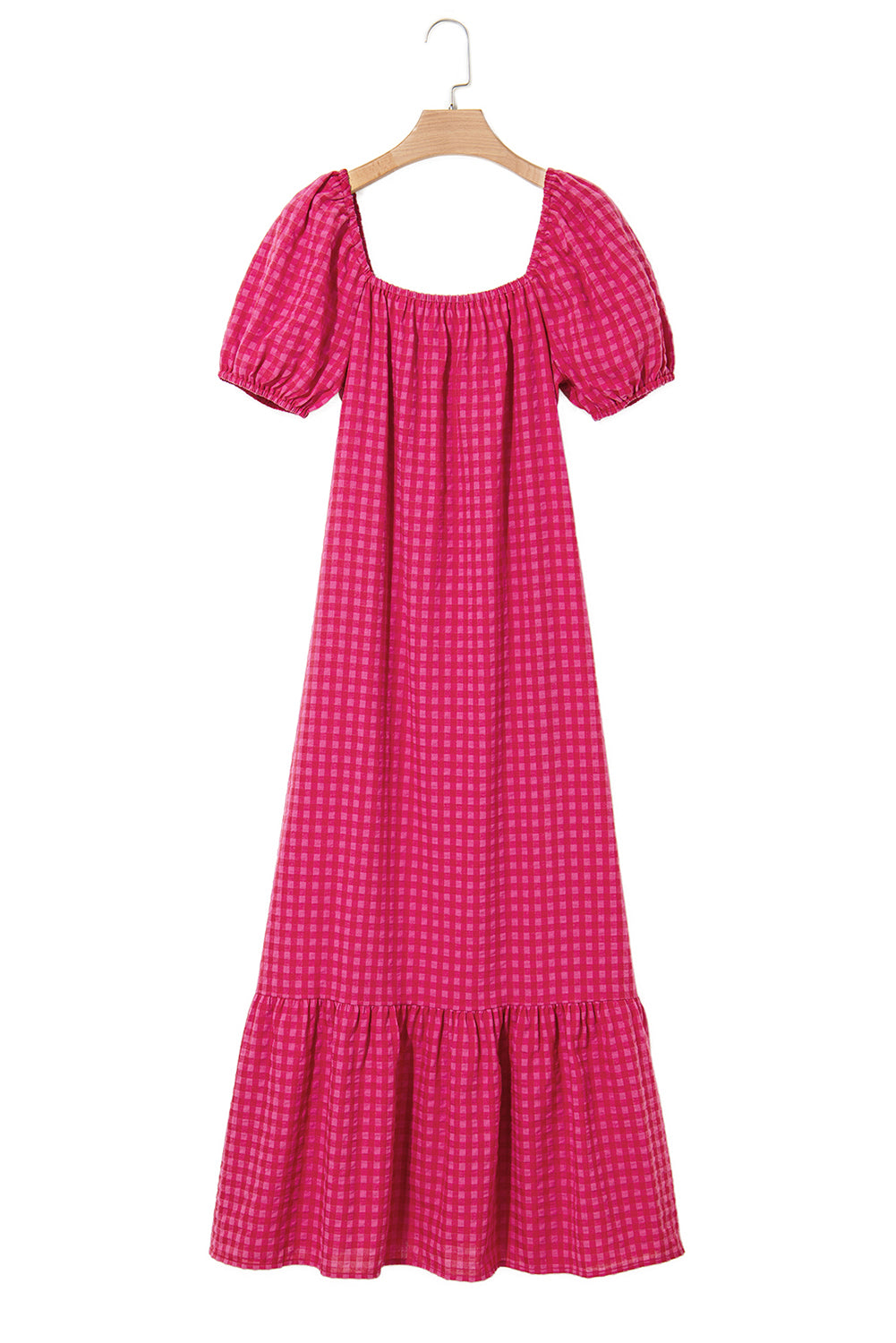 Rose Ginham Check Bubble Sleeve Ruffled Long Dress Maxi Dresses JT's Designer Fashion