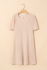 Parchment Corded Knit Crew Neck Puff Sleeve Shift Mini Dress T Shirt Dresses JT's Designer Fashion