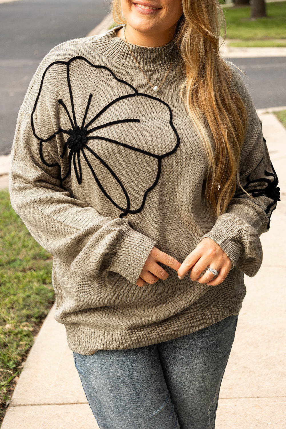 Dark Khaki Plus Size Big Flower Pattern High Neck Drop Shoulder Sweater Plus Size Sweaters & Cardigans JT's Designer Fashion