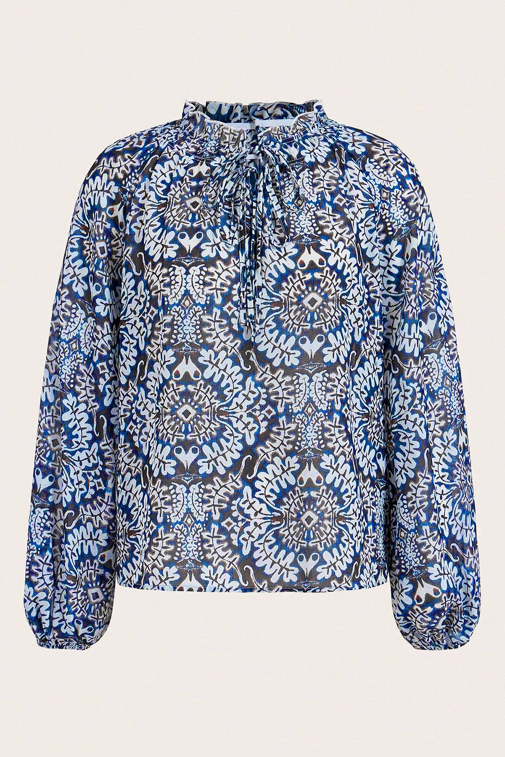Blue Tribal Print Lace-up Frilled Neck Puff Sleeve Blouse Blouses & Shirts JT's Designer Fashion