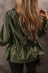 Moss Green Snap Button Zipper Tight Waist Collared Jacket Jackets JT's Designer Fashion
