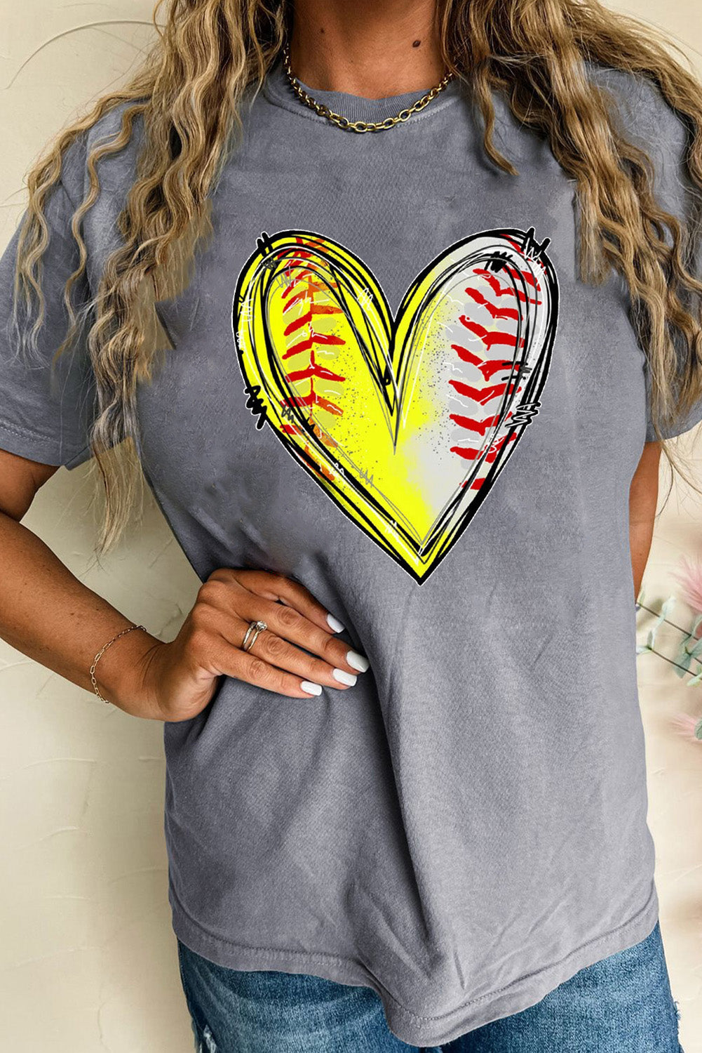 Gray Baseball Heart Shape Print Crew Neck T Shirt Graphic Tees JT's Designer Fashion