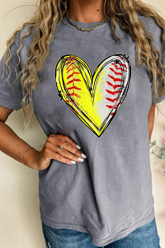 Gray Baseball Heart Shape Print Crew Neck T Shirt Graphic Tees JT's Designer Fashion