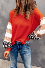 Orange V Neck Leopard Stripe Splice Lantern Sleeve Top Long Sleeve Tops JT's Designer Fashion