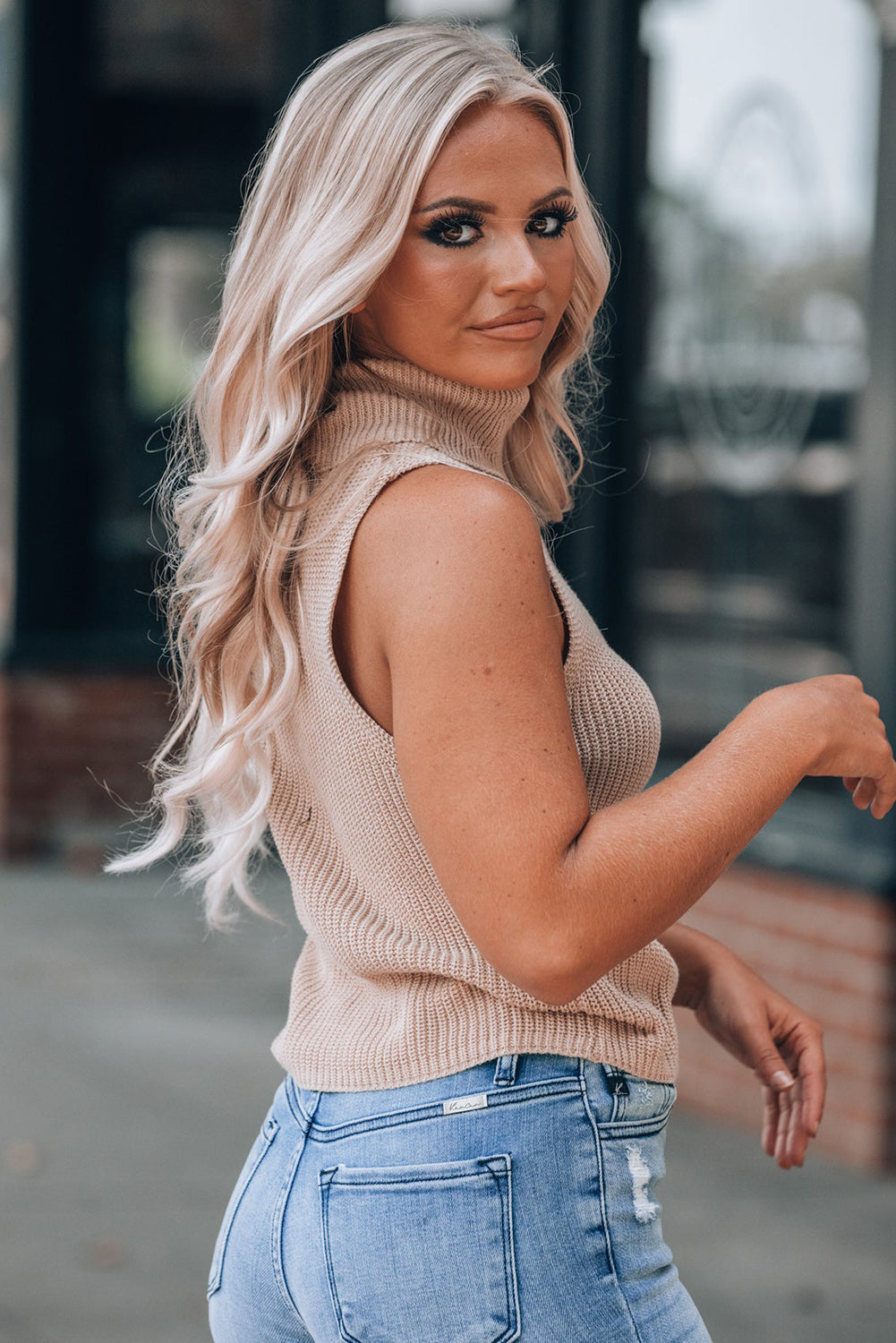 Oatmeal Solid Color Turtleneck Knit Tank Top Sweaters & Cardigans JT's Designer Fashion