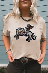 Khaki Sequin Rodeo Graphic Crewneck Tee Graphic Tees JT's Designer Fashion