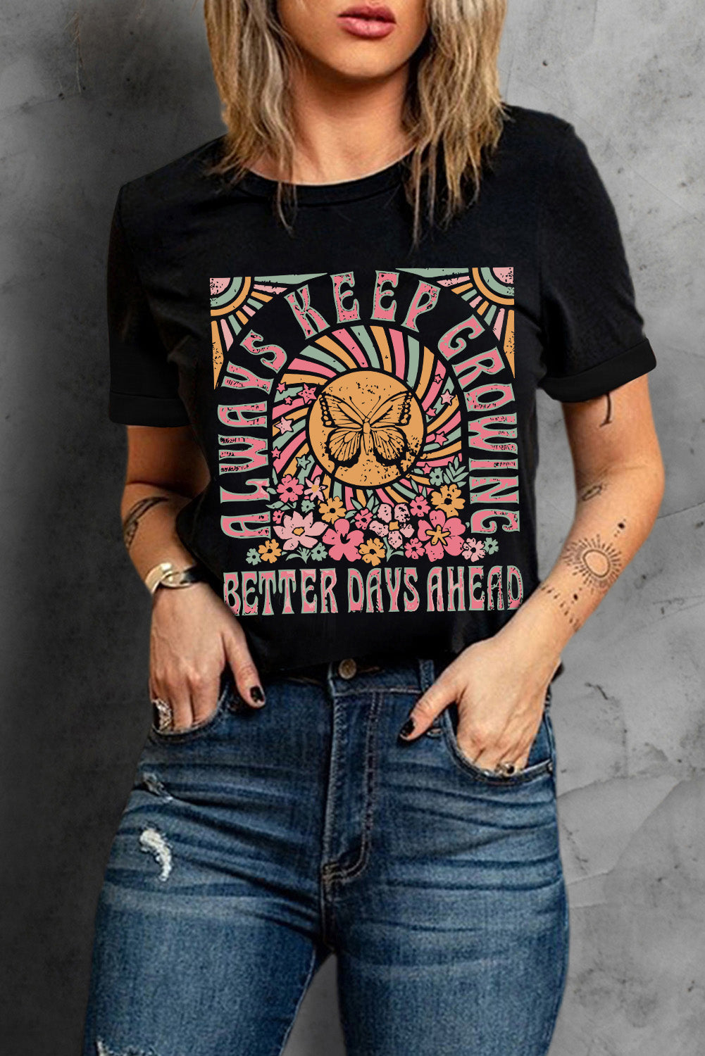 Black Always Keep Growing Butterfly Flower Crewneck Graphic Tee Graphic Tees JT's Designer Fashion