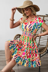 Sky Blue Abstract Print V Neck Dolman Sleeve Ruffle Tiered Mini Dress Dresses JT's Designer Fashion