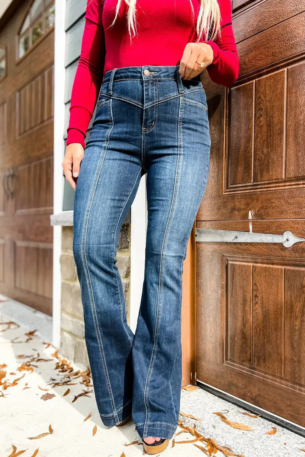 Blue High Waist Seam Stitching Pocket Flare Jeans Jeans JT's Designer Fashion