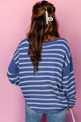 Sky Blue Stripe Drop Shoulder Casual Sweater Sweaters JT's Designer Fashion