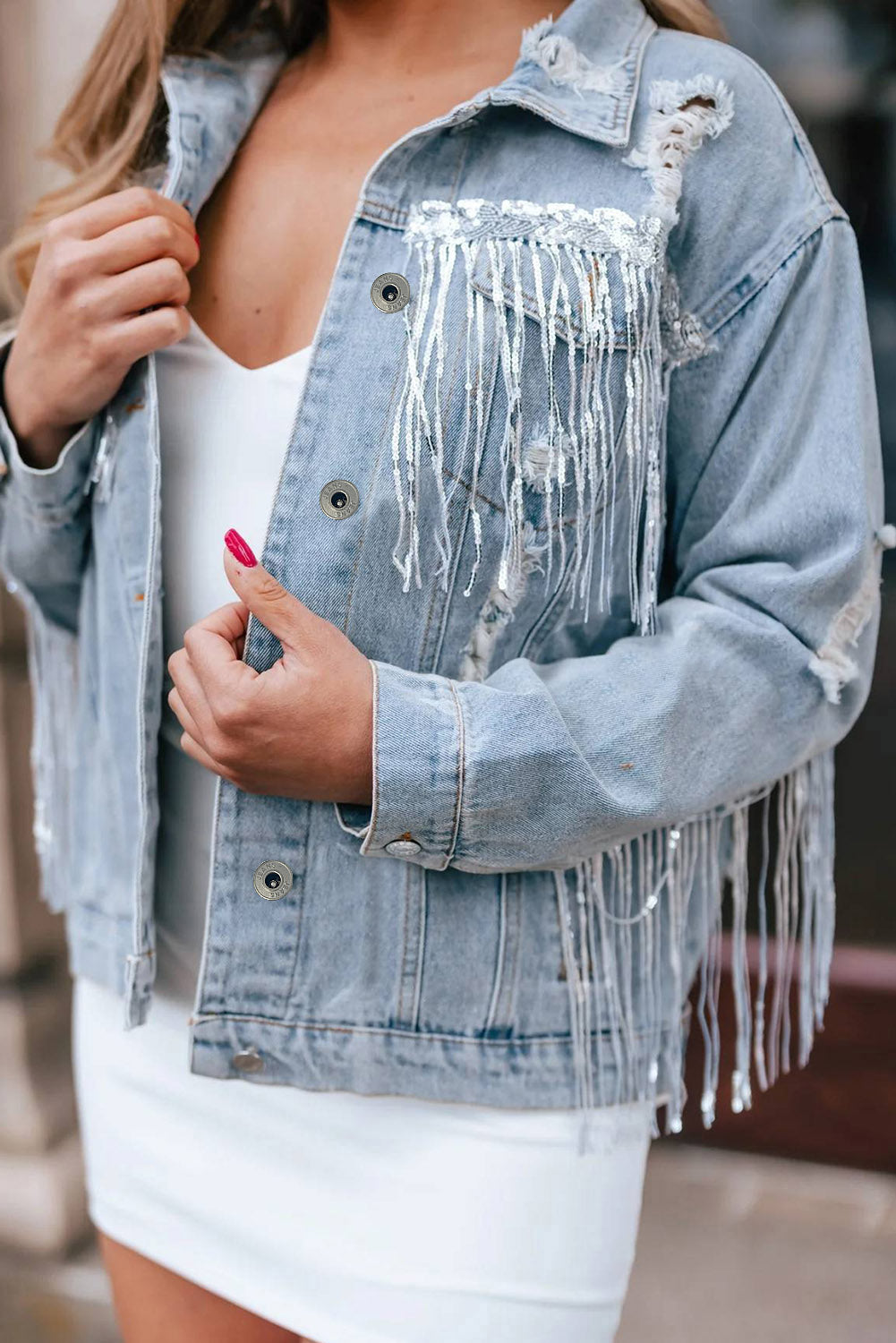 Sky Blue Sequin Embellished Fringe Distressed Denim Jacket Denim Jackets JT's Designer Fashion