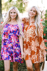 Purple Flower Print Short Puff Sleeve Ruffled Dress Floral Dresses JT's Designer Fashion