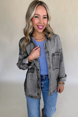 Medium Grey Mineral Wash Patched Pocket Split Denim Jacket Denim Jackets JT's Designer Fashion