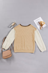 Smoke Gray Textured Patchwork Crew Neck Puff Sleeves Top Long Sleeve Tops JT's Designer Fashion