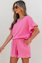 Bright Pink Textured Pearled Ruffle Sleeve Top 2 Piece Shorts Set Short Sets JT's Designer Fashion