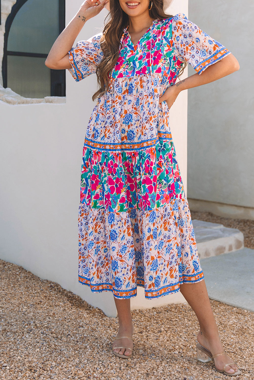 Sky Blue Mixed Floral Print Tie Split Neck Short Sleeve Dress Floral Dresses JT's Designer Fashion
