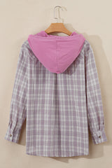 Pink Checkered Print Loose Fit Buttoned Hooded Shacket Plaid Shackets JT's Designer Fashion