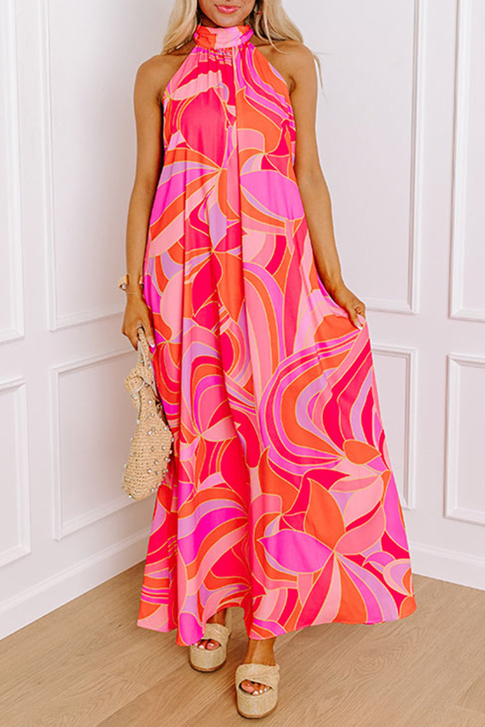 Rose Abstract Printed High Neck Knotted Nape Sleeveless Long Dress Maxi Dresses JT's Designer Fashion