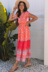 Red Floral Print Tasseled Tied Sleeve Empire Waist Maxi Dress Floral Dresses JT's Designer Fashion