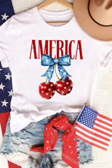 White AMERICA Bow Cherry Print Crewneck T Shirt Graphic Tees JT's Designer Fashion