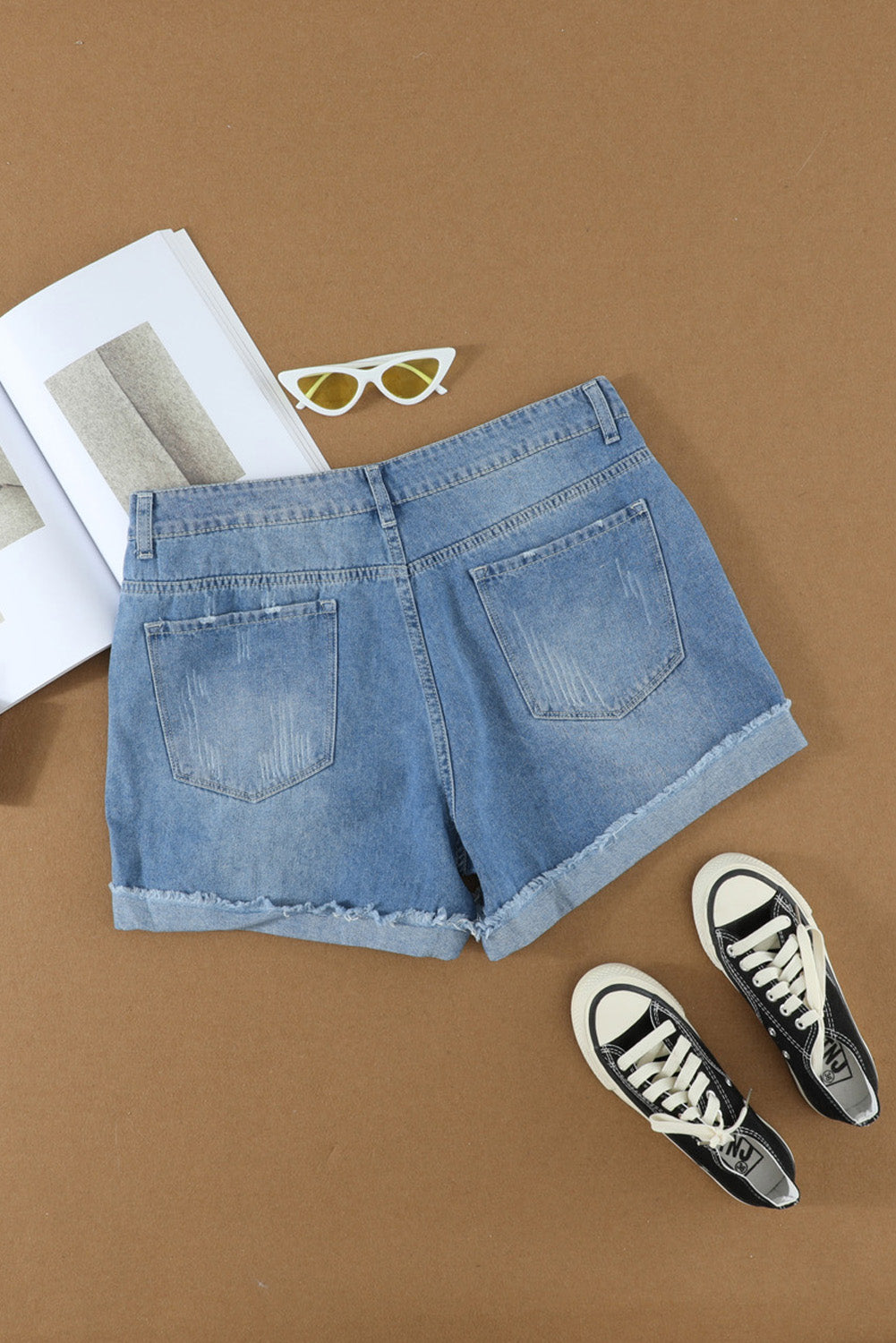 Distressed Ripped Rolled Hem Sky Blue Denim Shorts Denim Shorts JT's Designer Fashion
