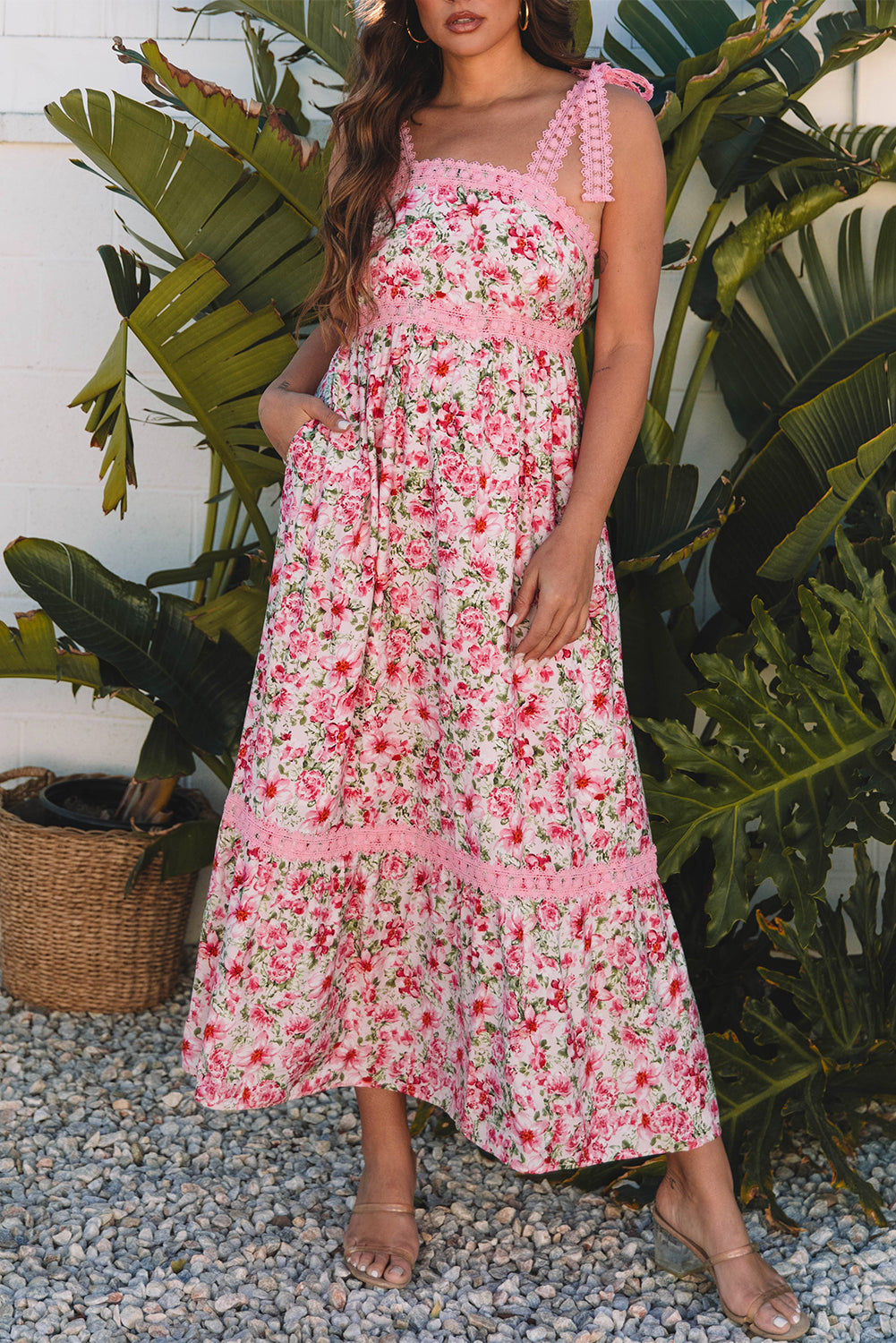 Pink Floral Lace Tied Strap Empire Waist Maxi Dress Floral Dresses JT's Designer Fashion