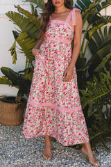 Pink Floral Lace Tied Strap Empire Waist Maxi Dress Floral Dresses JT's Designer Fashion