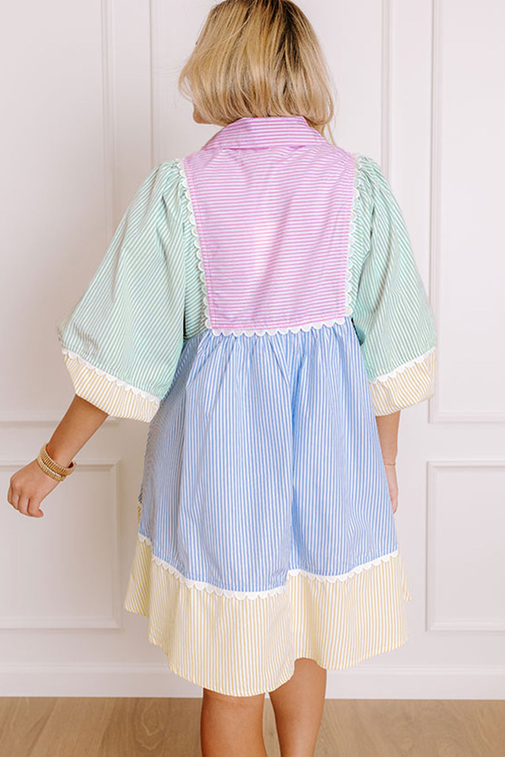 Multicolour Striped Patchwork Ric Rac Puff Sleeve Collared Mini Dress Mini Dresses JT's Designer Fashion