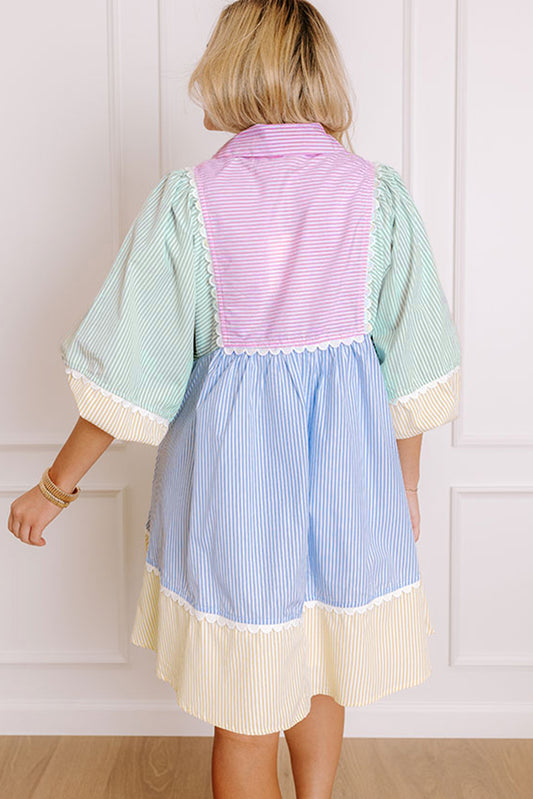 Multicolour Striped Patchwork Ric Rac Puff Sleeve Collared Mini Dress Mini Dresses JT's Designer Fashion