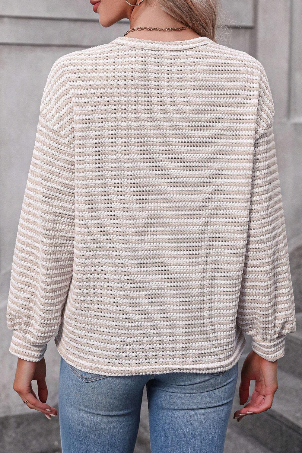 Khaki Stripe Round Neck Drop Shoulder Long Sleeve Top Long Sleeve Tops JT's Designer Fashion