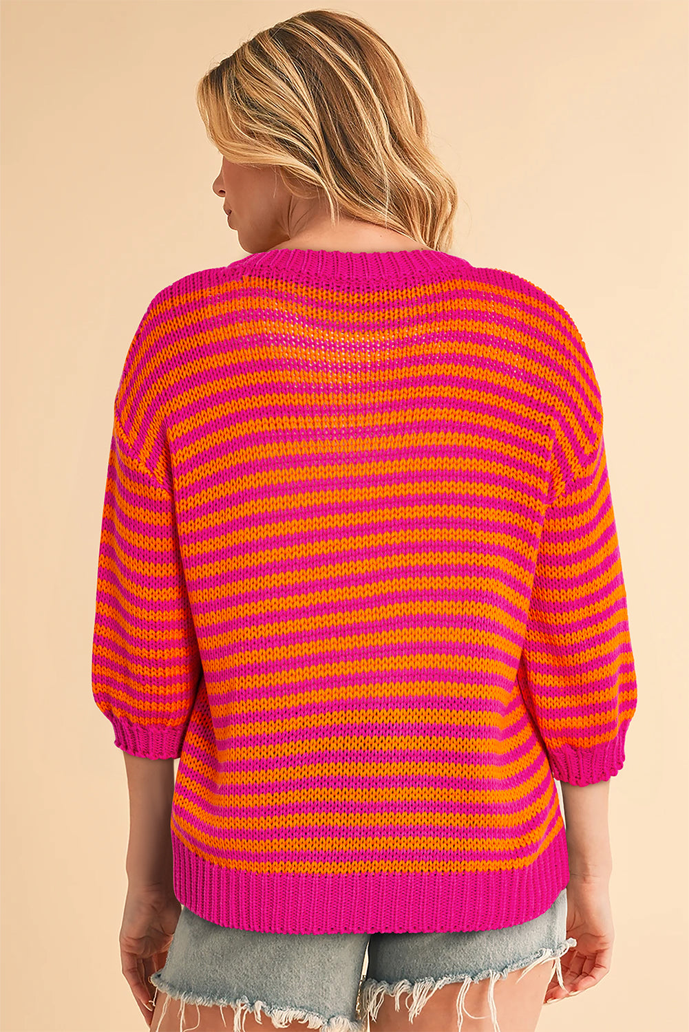 Rose Stripe 3/4 Puff Sleeve Drop Shoulder Sweater Sweaters JT's Designer Fashion