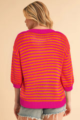 Rose Stripe 3/4 Puff Sleeve Drop Shoulder Sweater Sweaters JT's Designer Fashion
