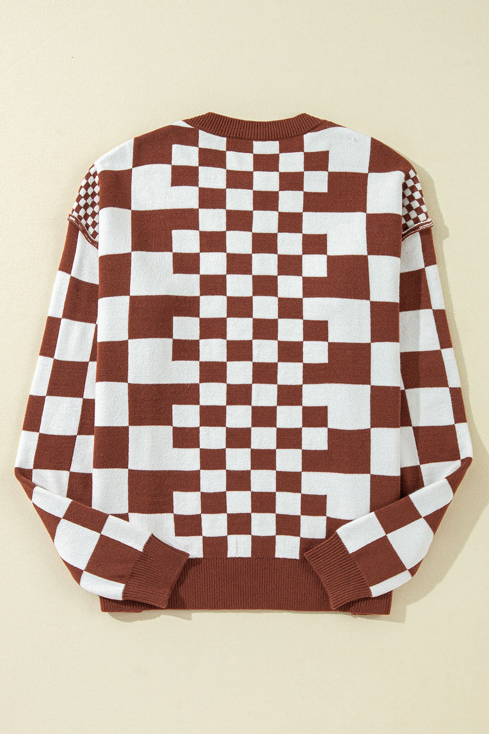 Brown Checkered Print Drop Shoulder Round Neck Sweater Sweaters JT's Designer Fashion