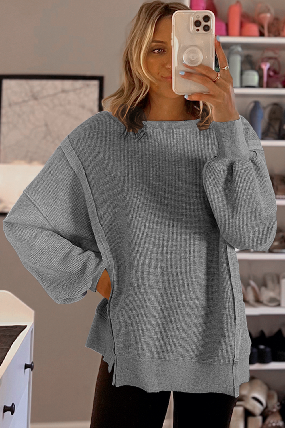 Gray Waffle knit Bishop Sleeve Split Oversized Top Long Sleeve Tops JT's Designer Fashion