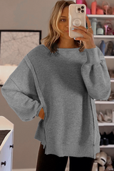 Gray Waffle knit Bishop Sleeve Split Oversized Top Long Sleeve Tops JT's Designer Fashion