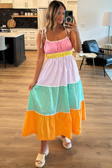 Multicolour Colorblock Self-tie Straps High Waist Flowy Long Dress with Pockets Maxi Dresses JT's Designer Fashion