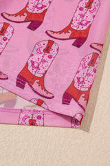 Pink Cowgirl Boots Printed Mock Neck Long Sleeve Mesh Top Long Sleeve Tops JT's Designer Fashion