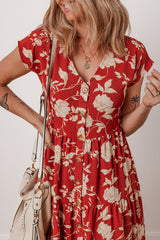 Red Floral Print Buttoned Front V Neck Tiered Short Sleeve Midi Dress Midi Dresses JT's Designer Fashion