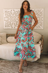 Green Abstract Print Smocked Bodice Knotted Straps Ruffled Long Dress Maxi Dresses JT's Designer Fashion