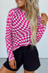 Rose Checkered Pattern Mesh Mock Neck Long Sleeve Top Long Sleeve Tops JT's Designer Fashion
