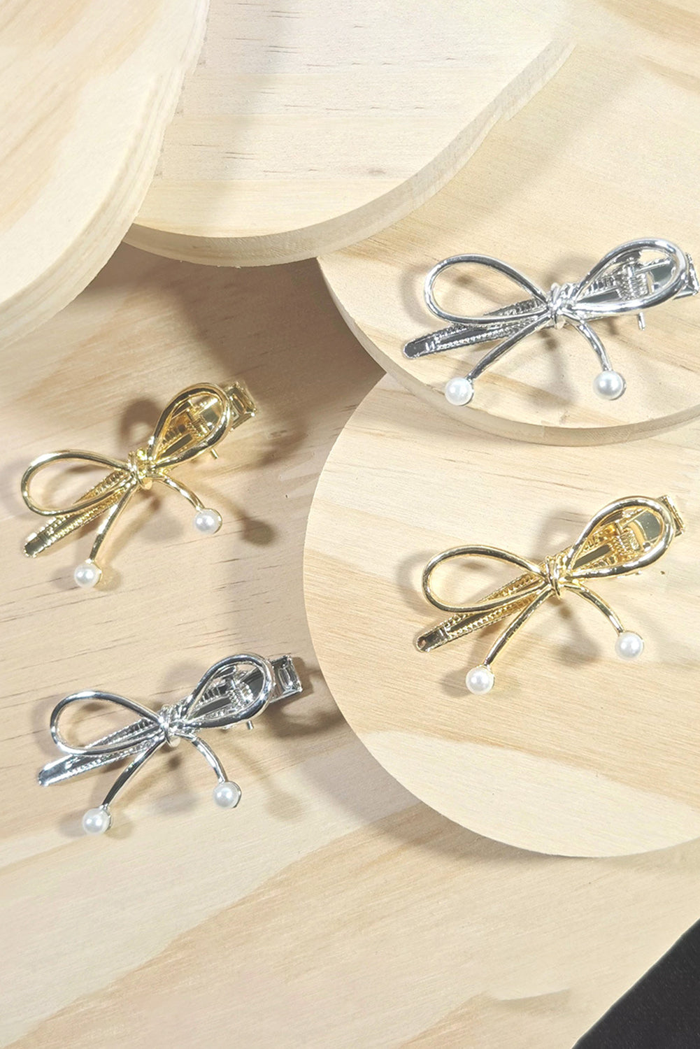 Gold Bow Knot Pearl Decor Plated Alloy Hair Clip Headwear JT's Designer Fashion