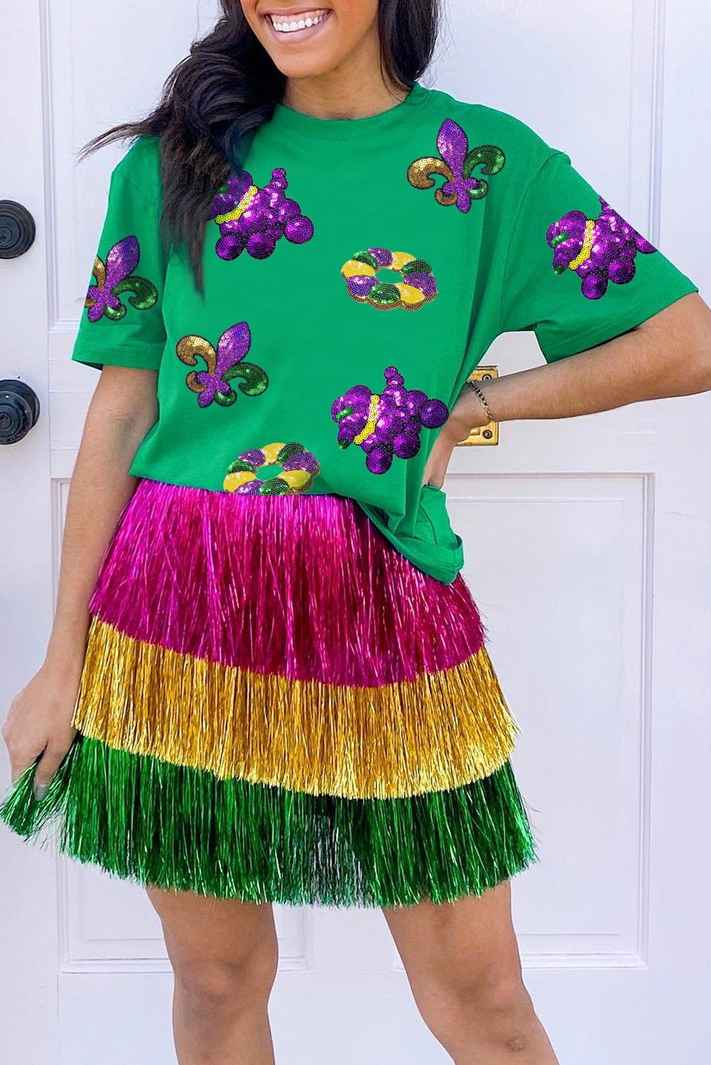 Bright Green Mardi Gras Sequin Patched Graphic Tee Graphic Tees JT's Designer Fashion